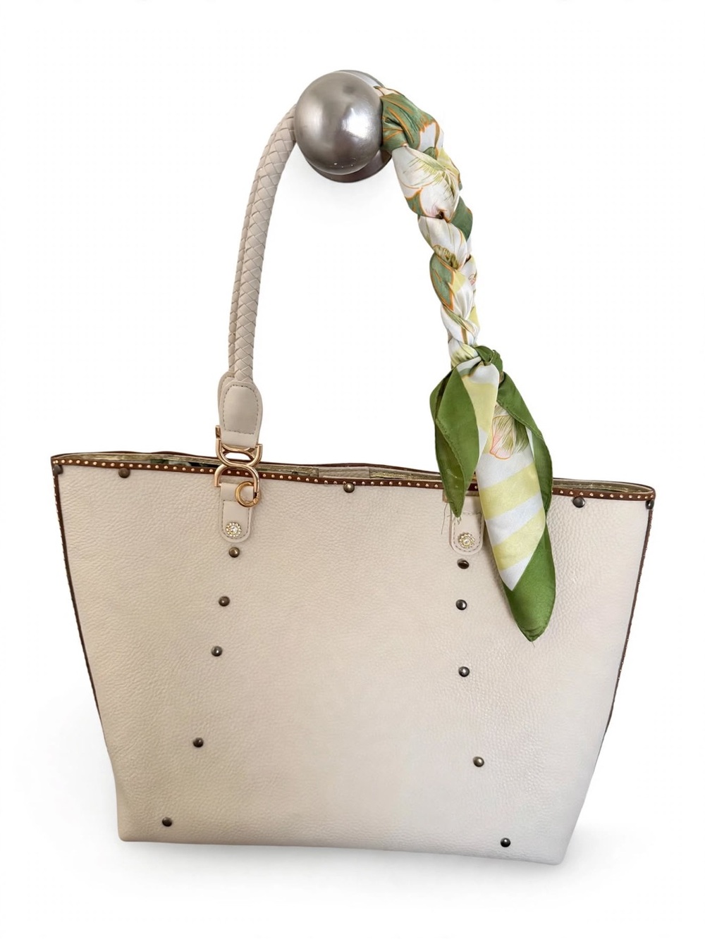 Neutral Cream Tote with Green Scarf Accent